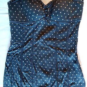 Women's small BEBE polka dot strapless silk dress black/cream